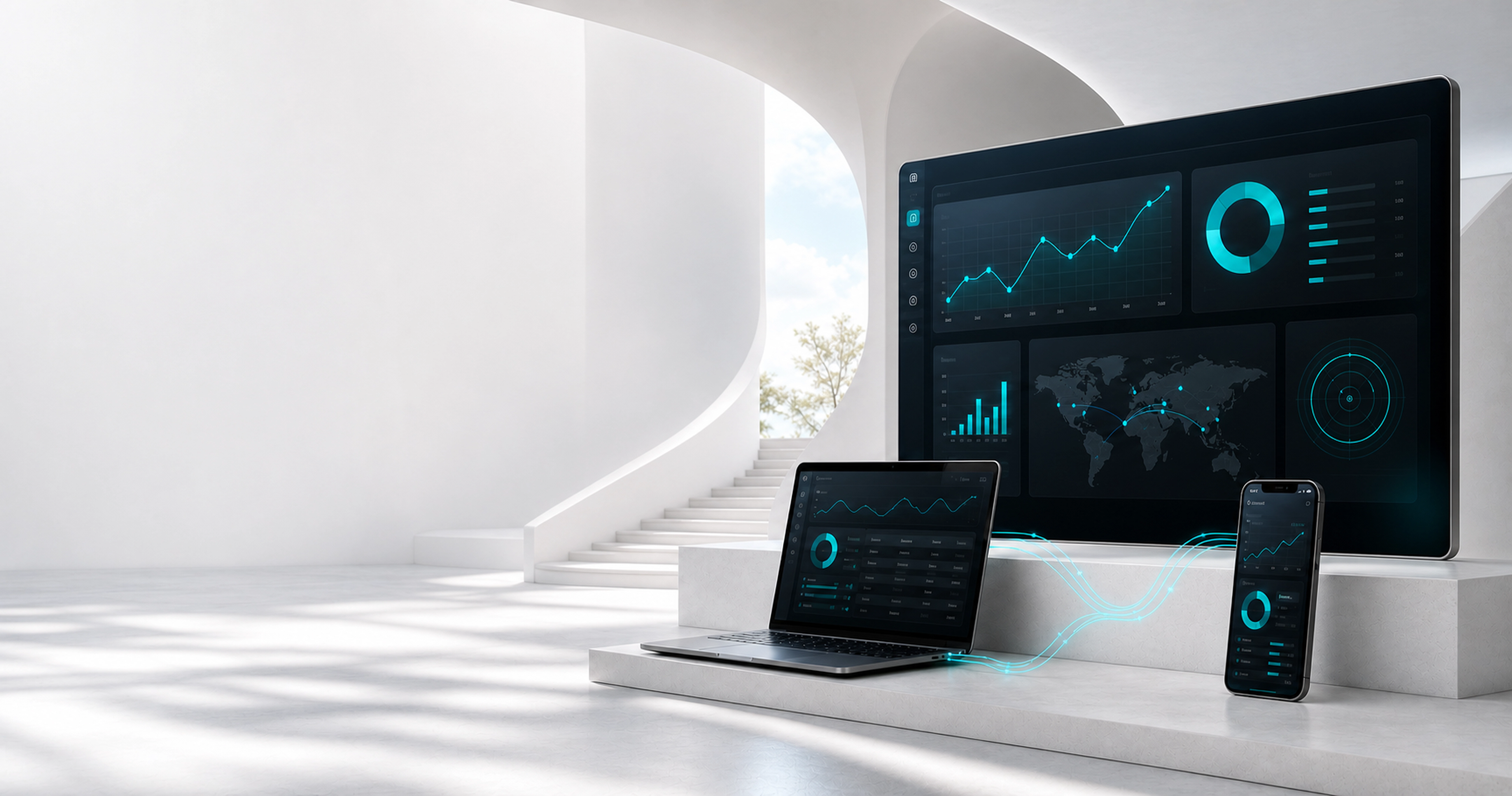 Premium digital workspace with connected desktop, laptop, and mobile software interfaces